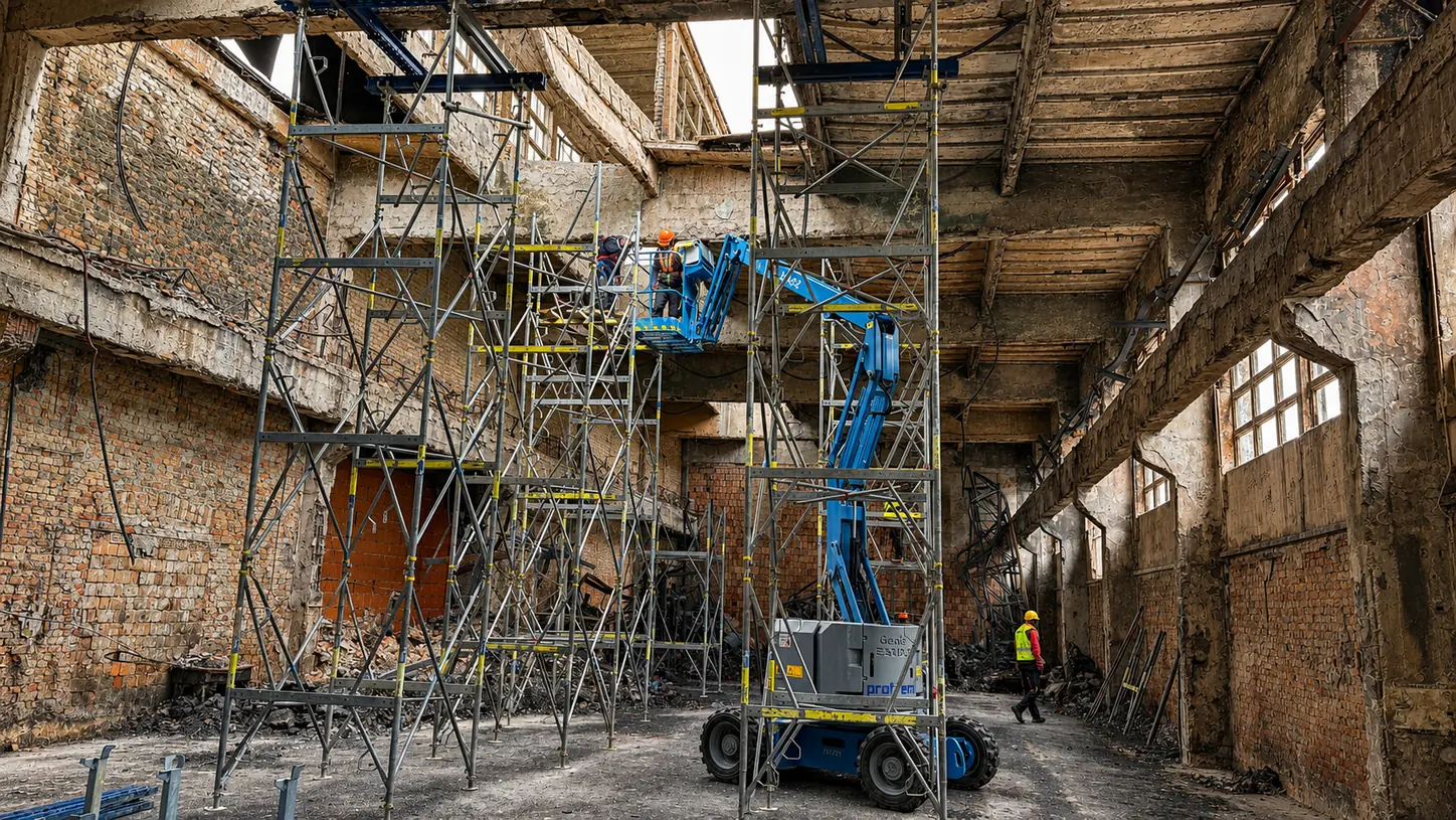 A tűzkárosult csarnok ideiglenes alátámasztása